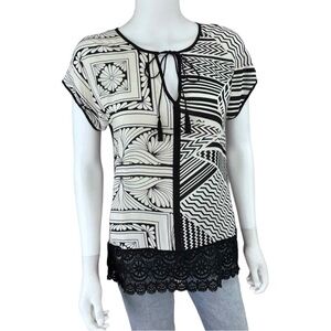 TINY Black Print Crochet Trim Top Size XS O0663